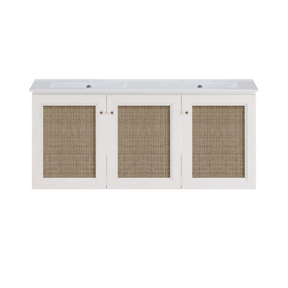 Classe 48" Wall-Mounted Bathroom Vanity in White Oak with Double Basin 3-Hole Centerset Faucet Holes Vanity Top