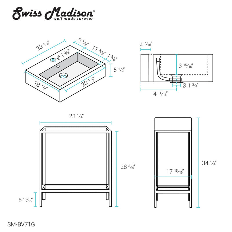 Pierre 24 Single, Freestanding, Open Shelf, Gold Metal Frame Bathroom Vanity