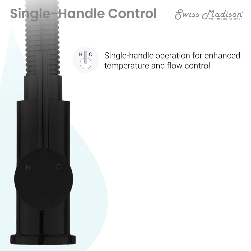Pull-down kitchen faucet in matte black, single handle control for temperature and flow adjustment.
