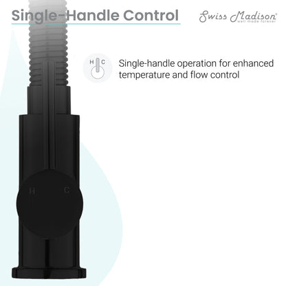 Pull-down kitchen faucet in matte black, single handle control for temperature and flow adjustment.