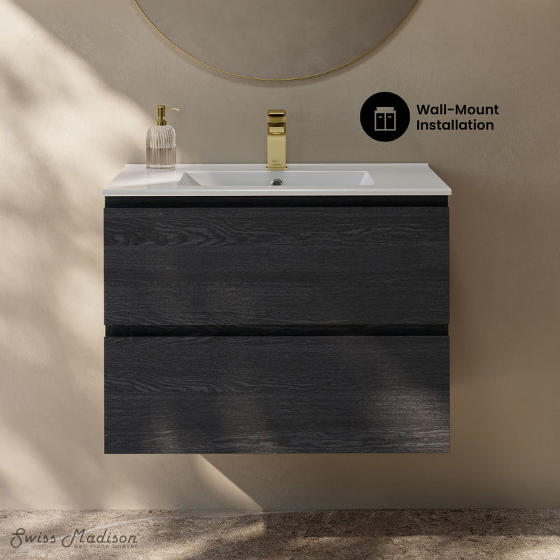Liberte 30" Wall-Mounted Bathroom Vanity in Black Oak with Sink Top