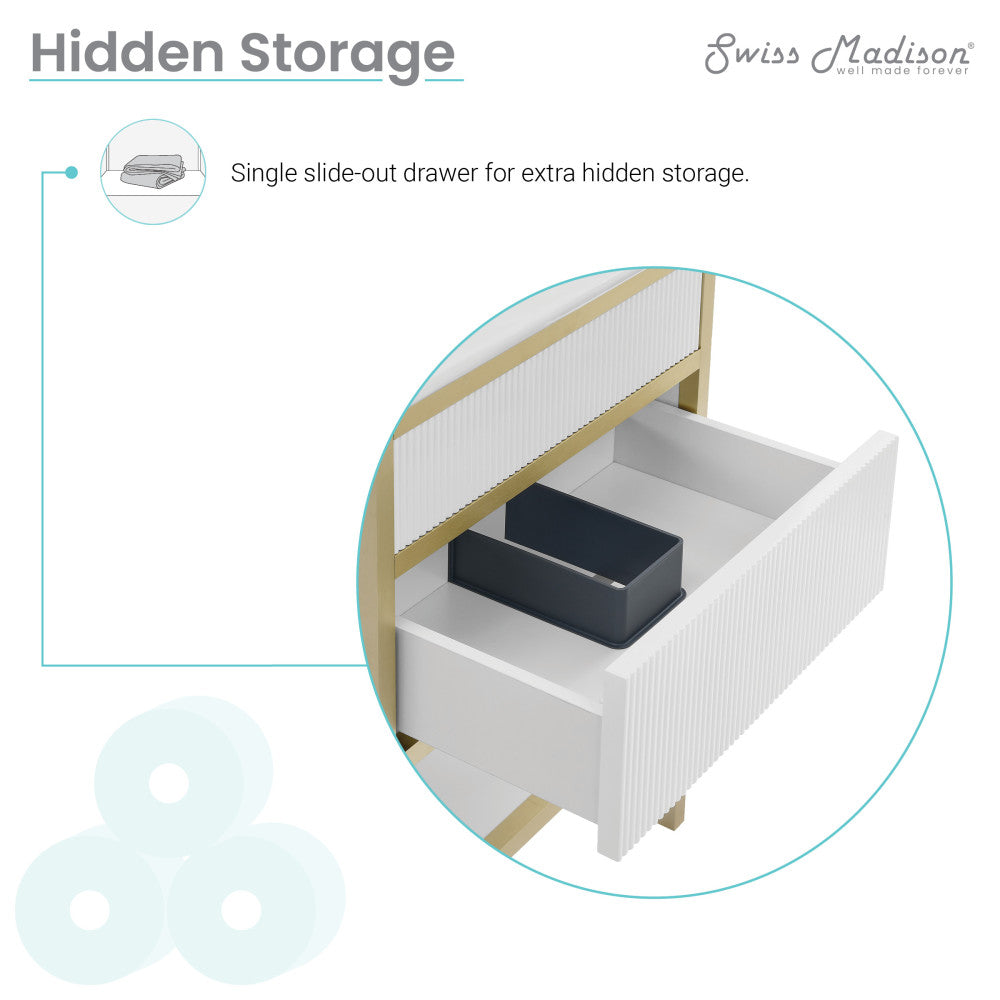 24-inch freestanding white bathroom vanity with single sink and slide-out drawer hidden storage.