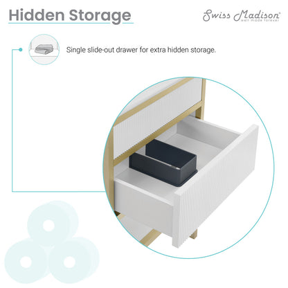 24-inch freestanding white bathroom vanity with single sink and slide-out drawer hidden storage.