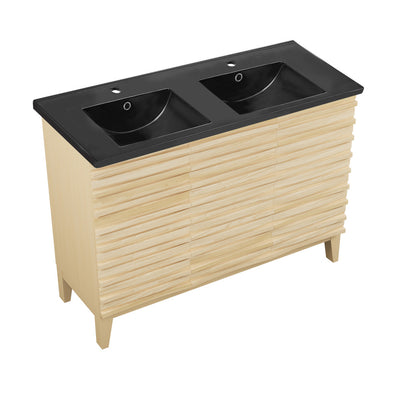 Cascade 48 in. Natural Oak, Double Basin Bathroom Vanity With Black Ceramic Sink Top