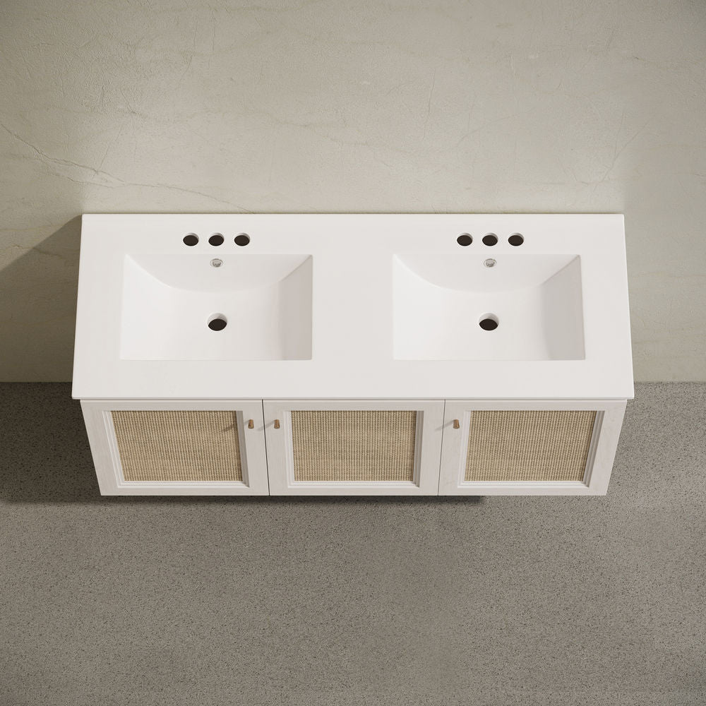 Classe 48" Wall-Mounted Bathroom Vanity in White Oak with Double Basin 3-Hole Centerset Faucet Holes Vanity Top