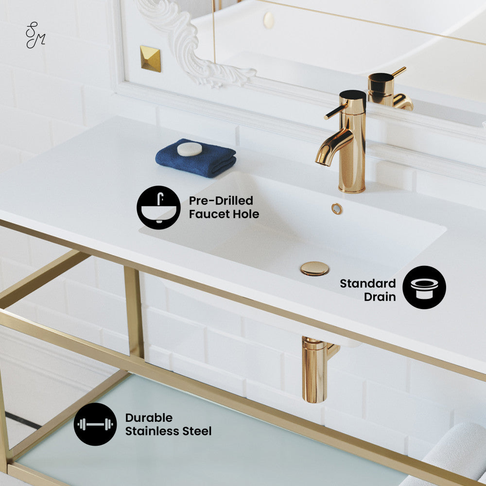 Pierre 48 Single, Open Shelf, Gold Metal Frame Bathroom Vanity