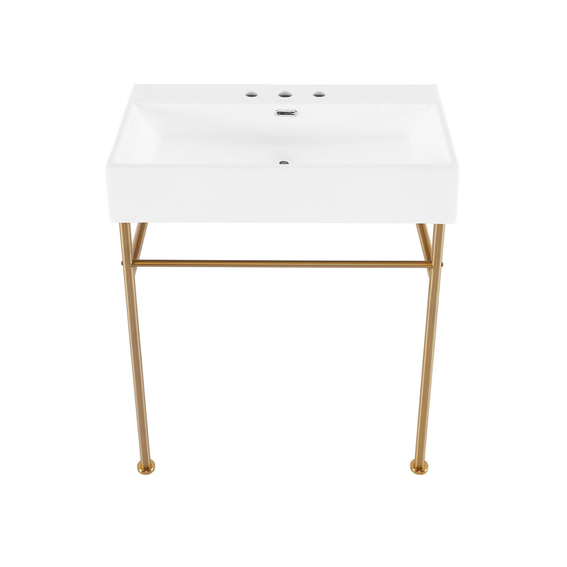 Claire 30" Console Sink White Basin Brushed Gold Legs with 8" Widespread Holes