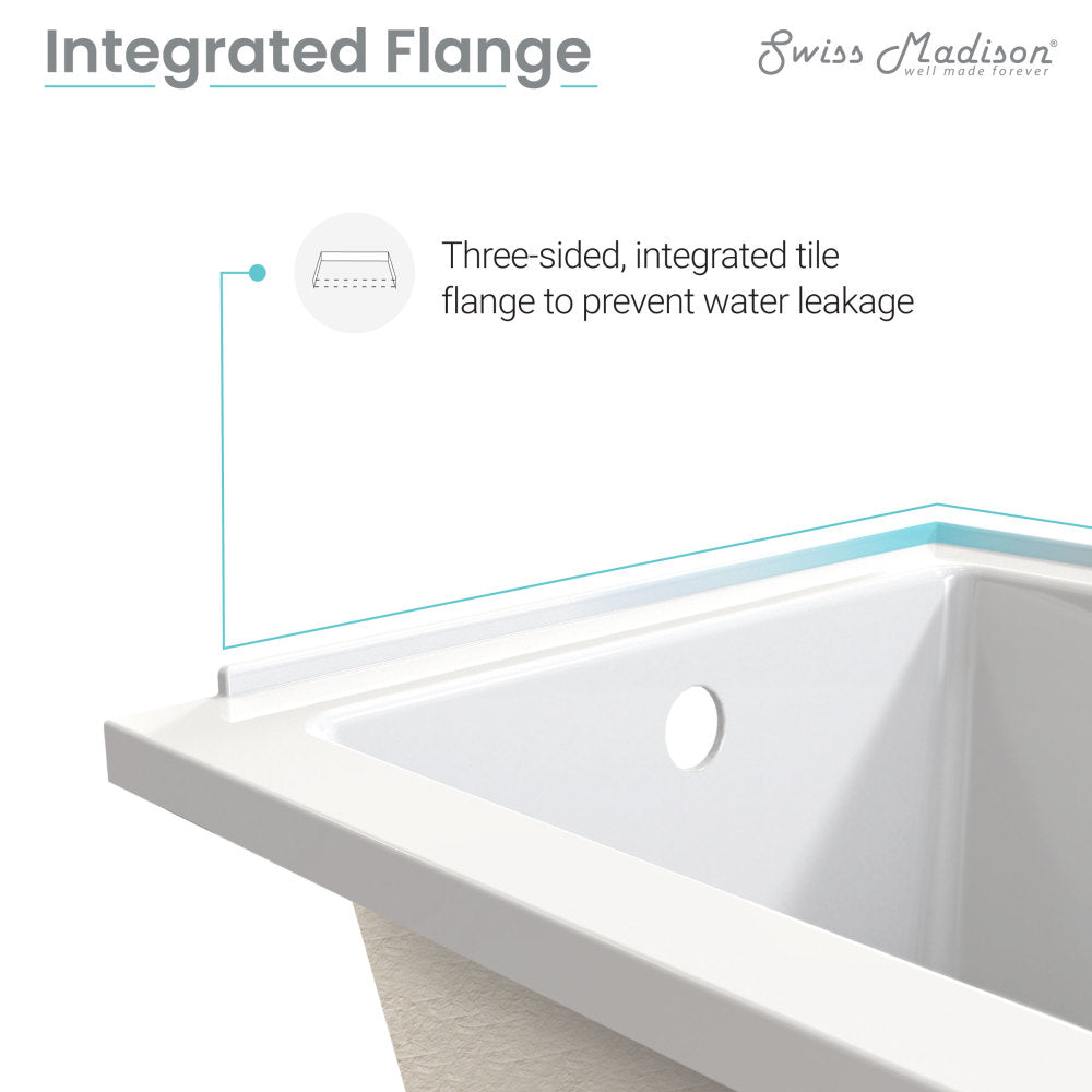 Alcove non-skirted bathtub 48x32 inch with left-hand drain and integrated tile flange to prevent water leakage.