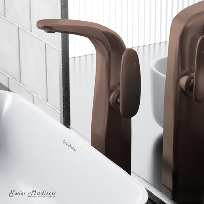 Single-handle high arc bathroom faucet in oil rubbed bronze, single hole installation.
