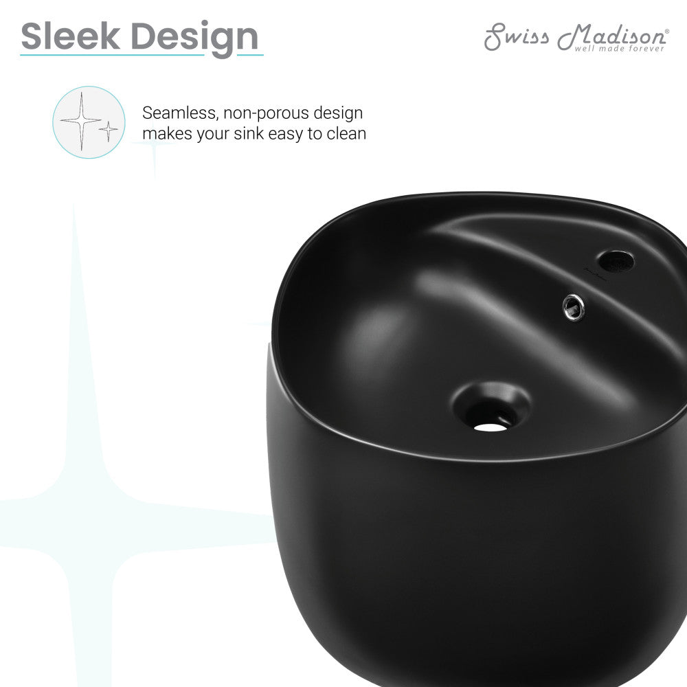 Wall-mount bathroom sink in matte black, seamless non-porous design with overflow hole and single faucet hole.