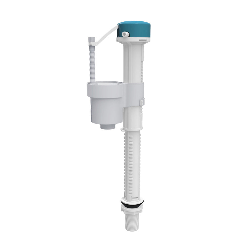 Toilet fill valve in white plastic with adjustable height and blue top cap.