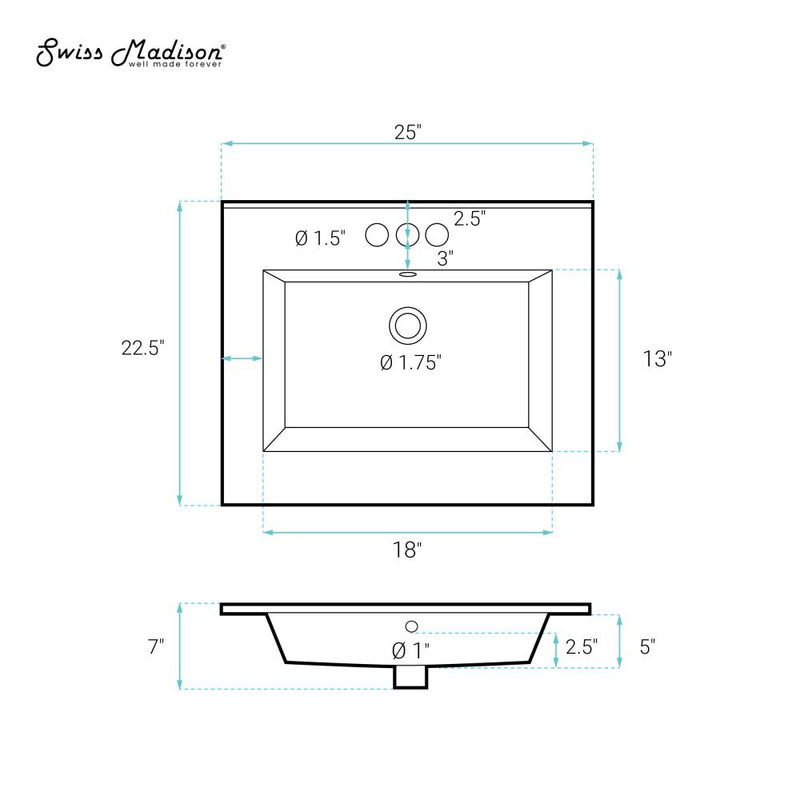 Voltaire 25 Vanity Top Sink with 3 Centerset Faucet Holes