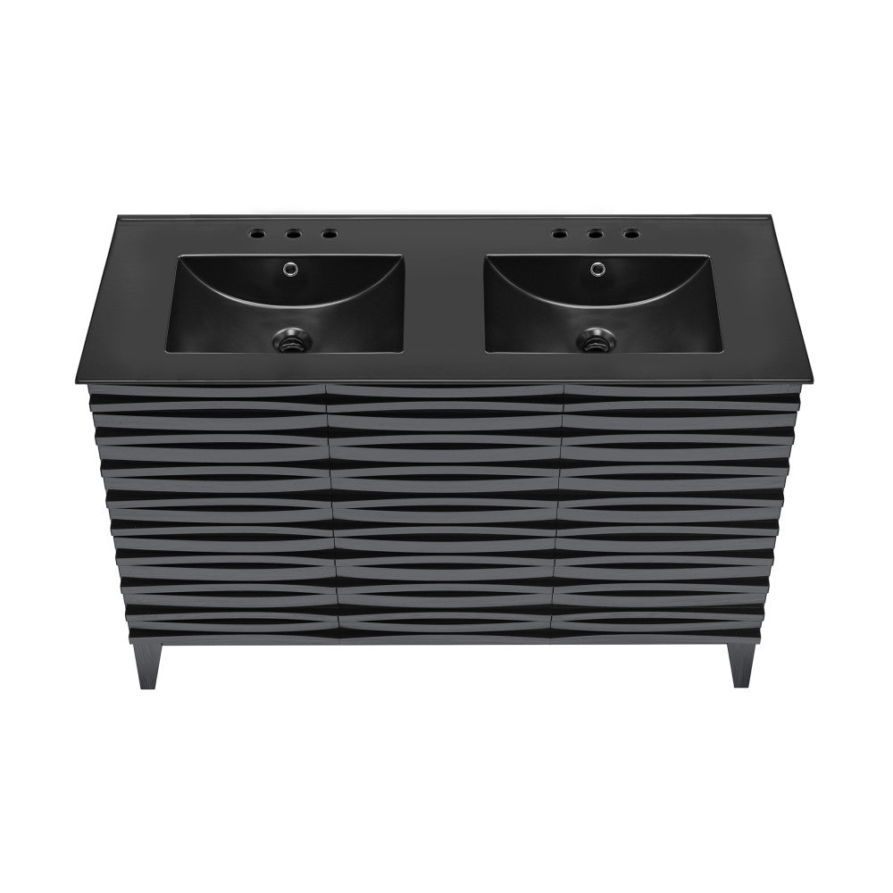Cascade 48 in. Black Oak, Double Basin Bathroom Vanity With Black, 3-Hole Centerset Ceramic Sink Top