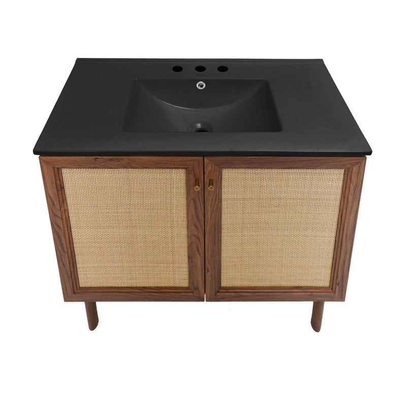 Classe 36" Freestanding Bathroom Vanity in Brown Oak with Black 3-Hole Widespread Sink Top