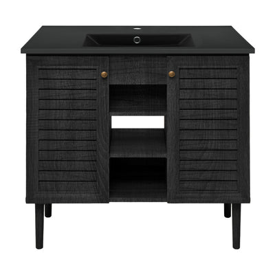 Bron 36" Freestanding Bathroom Vanity in Black Oak with Black Sink Top