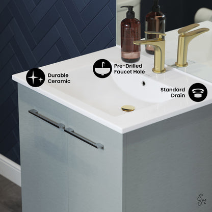 24-inch freestanding gray bathroom vanity with single sink, ceramic top, and pre-drilled faucet holes.