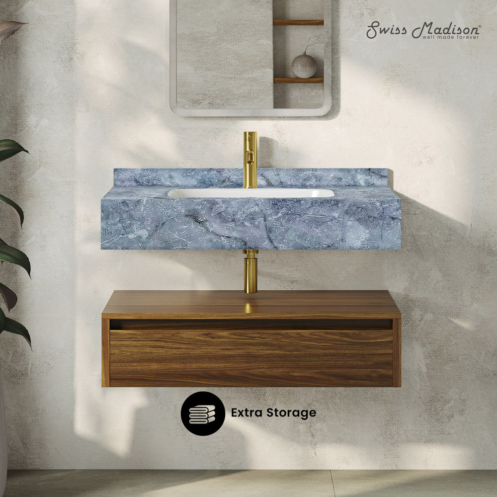 Avancer 36" Wall-Mounted Bathroom Vanity in Brown Oak with Blue Celeste Sink Top