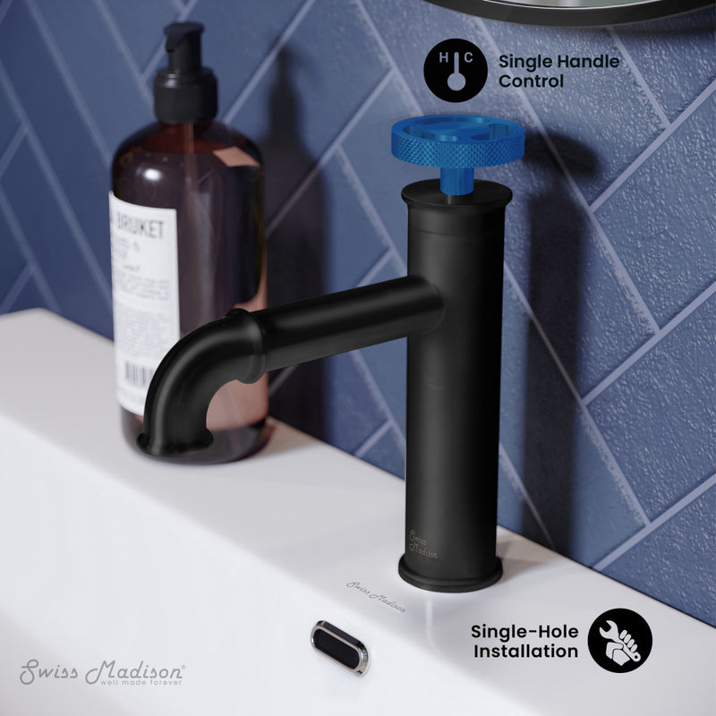 Avallon Single Hole, Single-Handle Wheel, Bathroom Faucet in Matte Black with Blue Handle