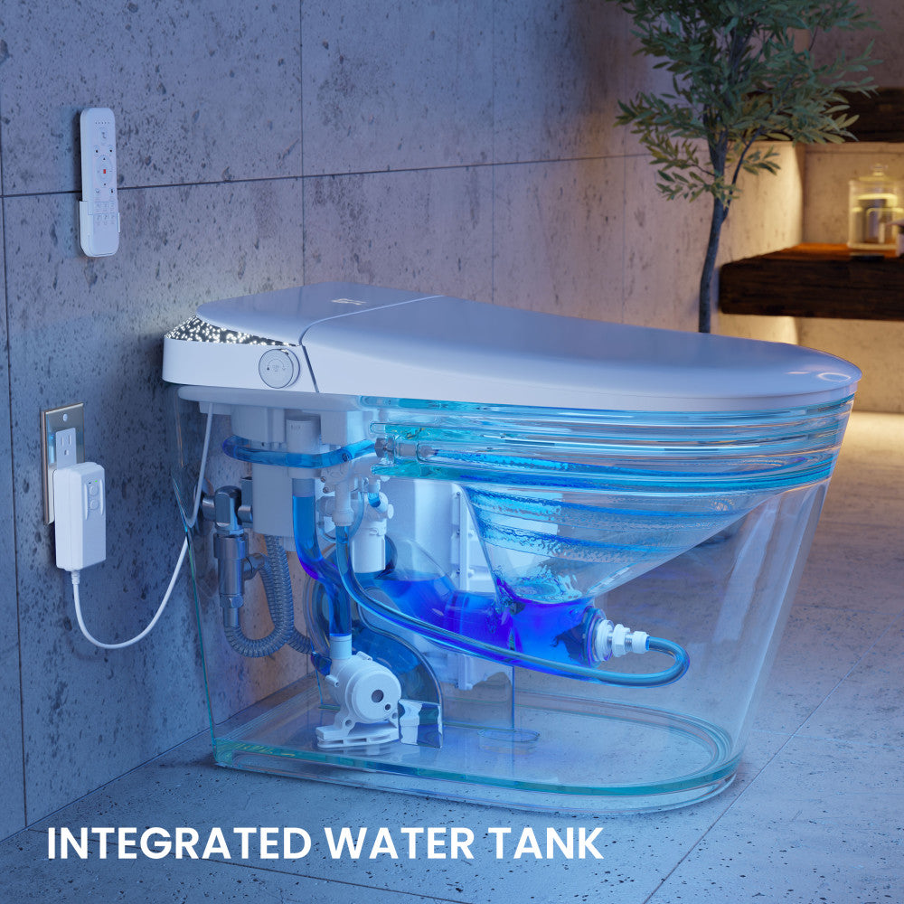 Remi Smart Toilet 12” Rough-in ADA Height in Glossy White with Integrated Tank, Auto-Open Lid, Foot Sensor