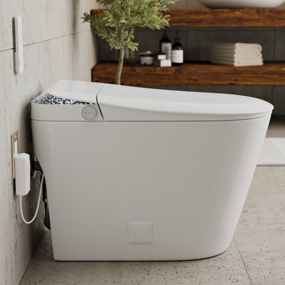 Remi Smart Toilet 12” Rough-in ADA Height in Glossy White with Integrated Tank, Auto-Open Lid, Foot Sensor