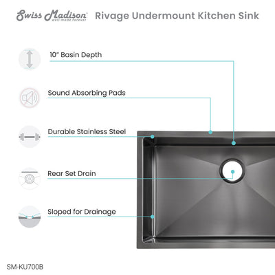 Rivage 30 x 18 Stainless Steel, Single Basin, Undermount Kitchen Sink,Black