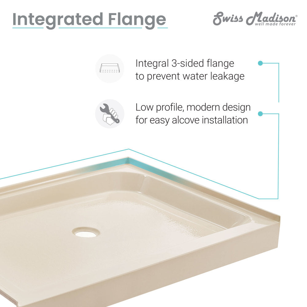 60-inch by 30-inch single-threshold shower base in biscuit with center drain and integrated flange.