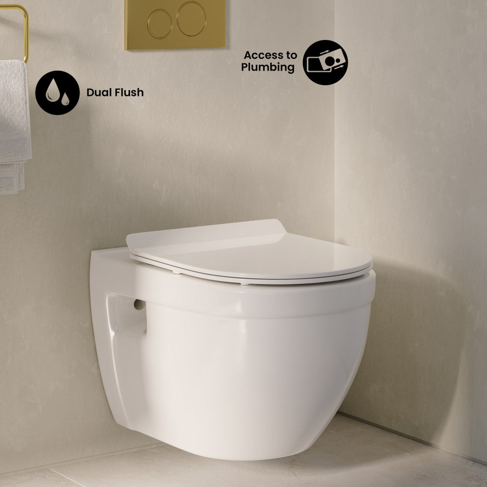 Elongated wall-hung toilet bowl with dual flush, modern white ceramic, concealed plumbing access.
