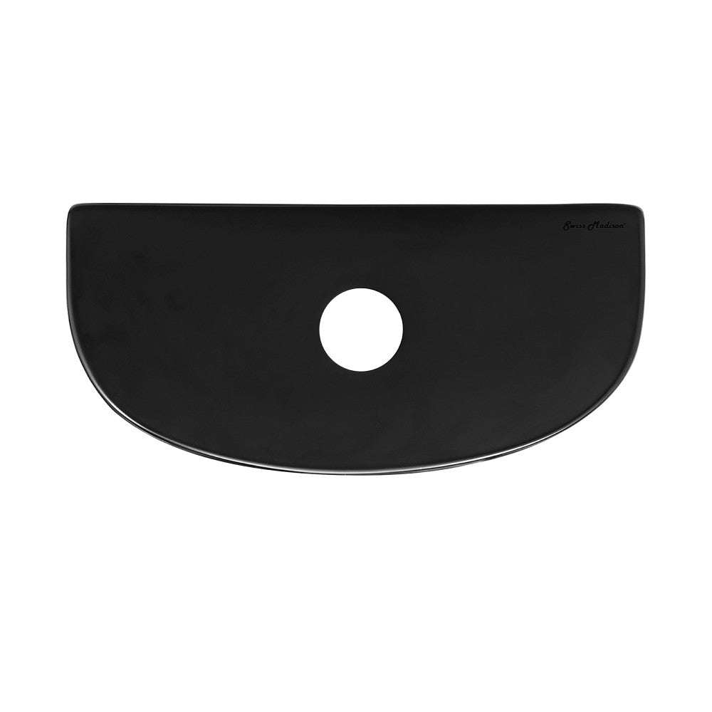 Matte black toilet tank lid with central flush handle hole, curved rectangular shape.