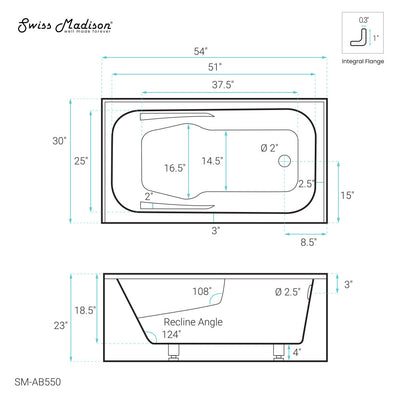 Voltaire 54 x 30 Skirted Right Drain Soaking Alcove Bathtub in Glossy White with Integrated Armrest