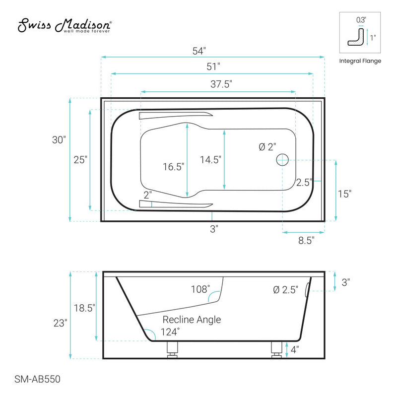 Voltaire 54 x 30 Skirted Right Drain Soaking Alcove Bathtub in Glossy White with Integrated Armrest