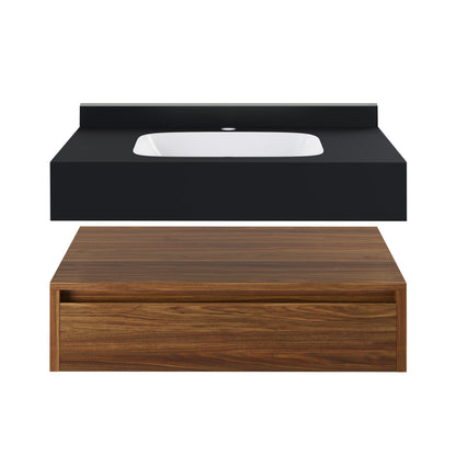 Avancer 36" Wall-Mounted Bathroom Vanity in Brown Oak with Black Marble Sink Top