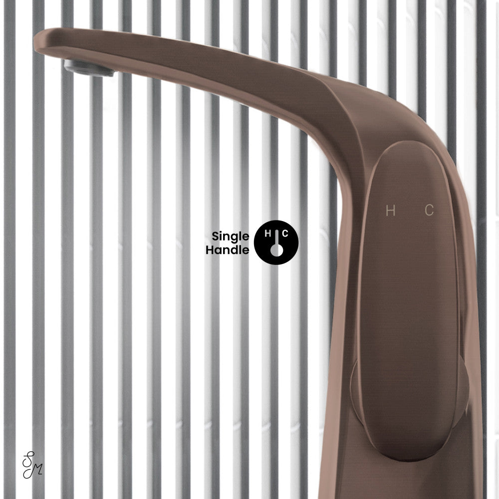 Single-handle high arc bathroom faucet in oil rubbed bronze with temperature markings.