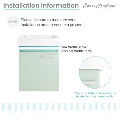 18" wall-mounted mint bathroom vanity, soft-close doors, single sink, compact design.