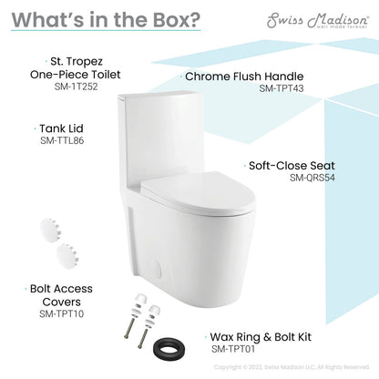 Elongated one-piece toilet with right-side chrome flush handle, soft-close seat, and skirted trapway design.