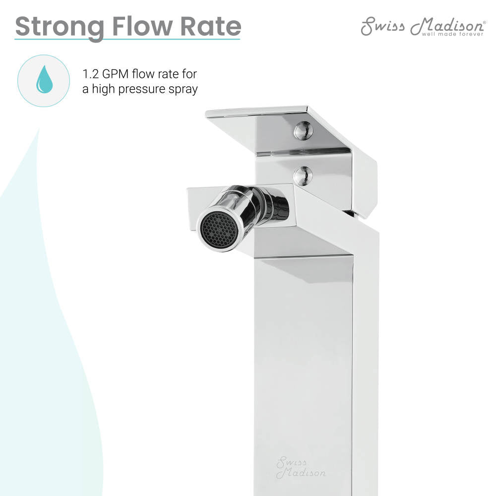 Contemporary bidet faucet in chrome, single handle with angular design and aerated nozzle.