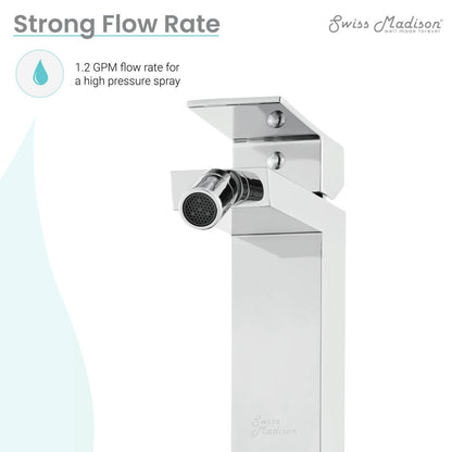 Contemporary bidet faucet in chrome, single handle with angular design and aerated nozzle.