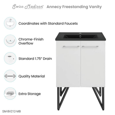 Annecy 24 in. White Bathroom Vanity With Black Ceramic Sink Top