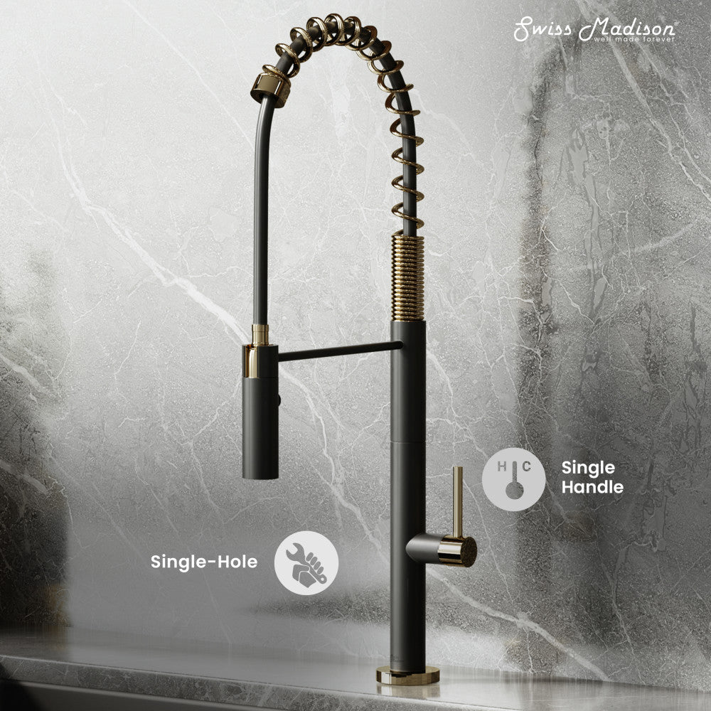 Pull-down kitchen faucet in brushed gold and black, single handle, single-hole mount.