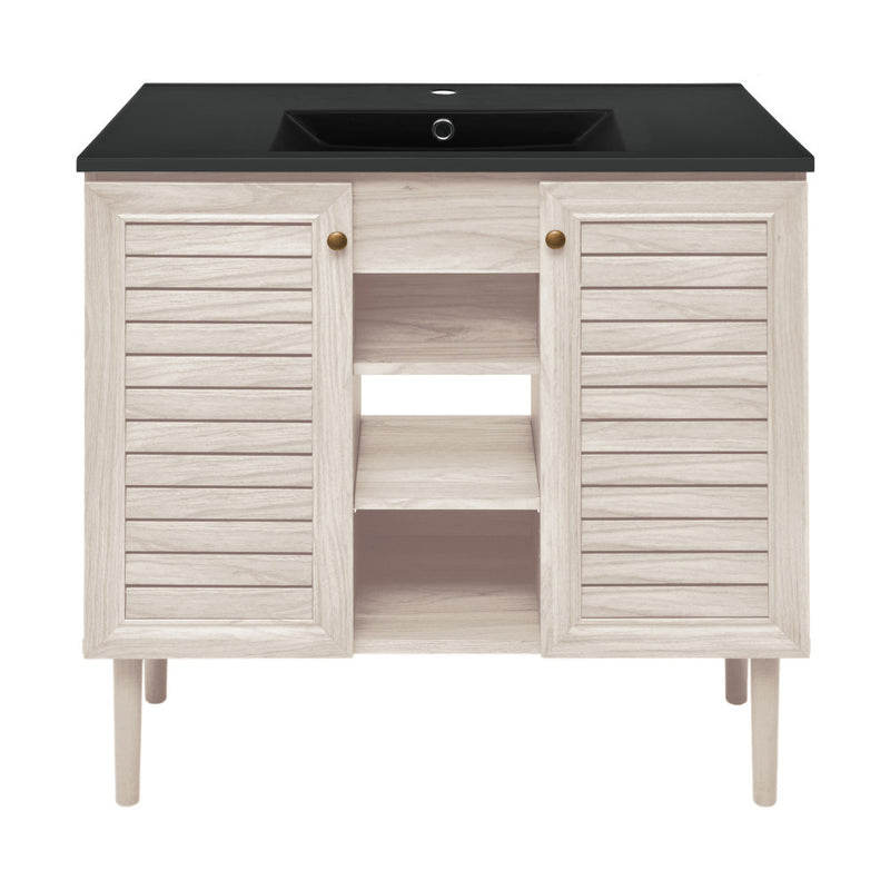 Bron 36" Freestanding Bathroom Vanity in White Oak with Black Sink Top