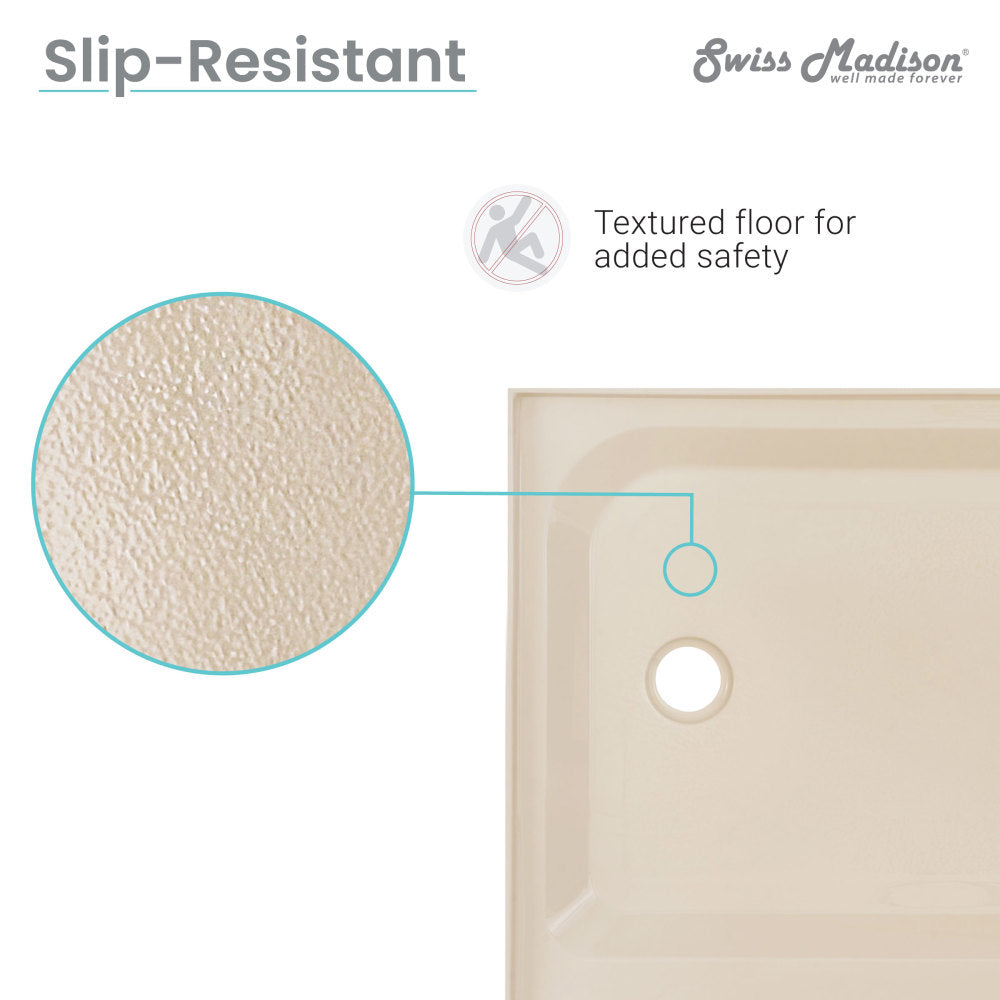 60" x 36" shower base in biscuit with textured slip-resistant floor and right-hand drain.