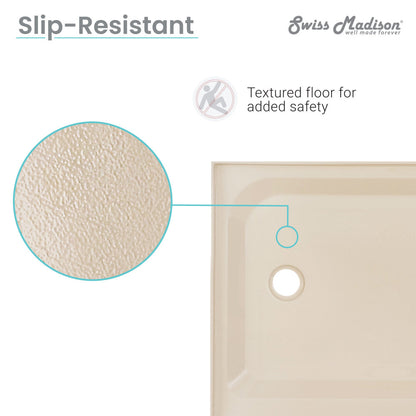 60" x 36" shower base in biscuit with textured slip-resistant floor and right-hand drain.