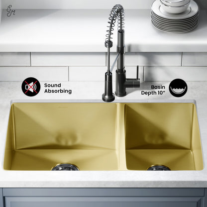 Rivage 33 x 20 Stainless Steel, Dual Basin, Undermount Kitchen Sink in Gold