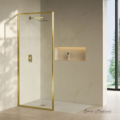 Pierre 34 x 76 Framed Fixed 3/8 in. (10mm) Clear Tempered Glass Shower Door with Gold Brushed Frame