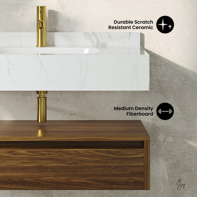 Avancer 36" Wall-Mounted Bathroom Vanity in Brown Oak with White Marble Sink Top