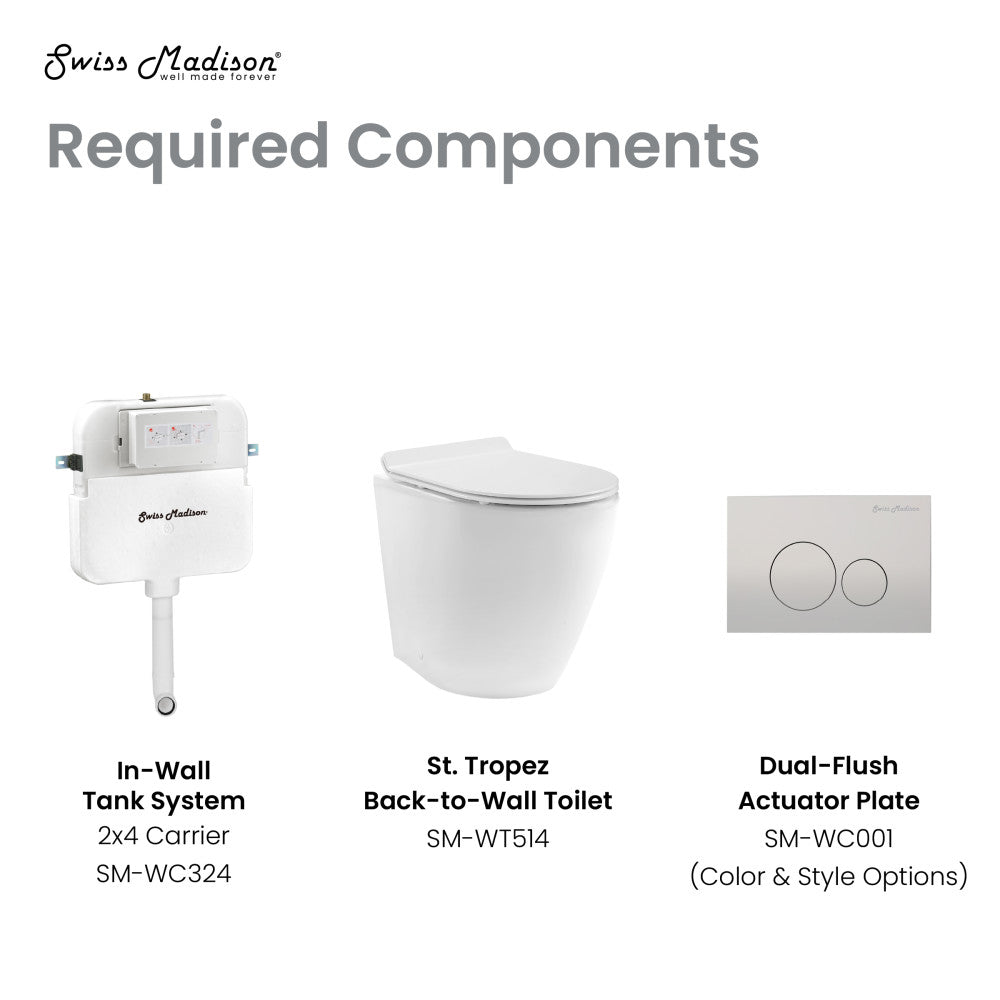 Elongated back-to-wall toilet bowl and concealed tank bundle in glossy white with dual-flush actuator plate.