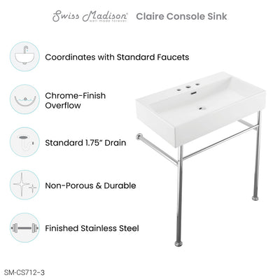 Claire 30" Console Sink White Basin Chrome Legs with 8" Widespread Holes
