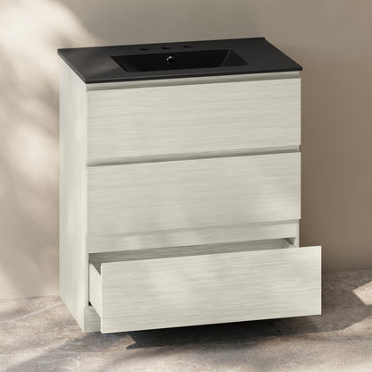 Liberte 30" Freestanding Bathroom Vanity in White Oak with Black 3-Hole Widespread Sink Top