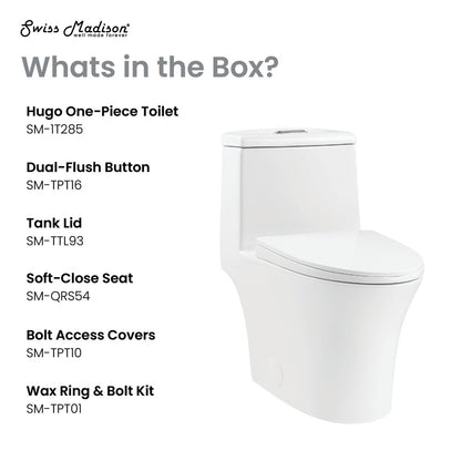 Elongated one-piece toilet, dual flush, soft-close seat, skirted trapway, white ceramic.