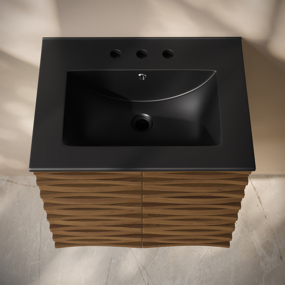 Cascade 24" Wall-Mounted Bathroom Vanity in Brown Oak with Black 3-Hole Widespread Sink Top