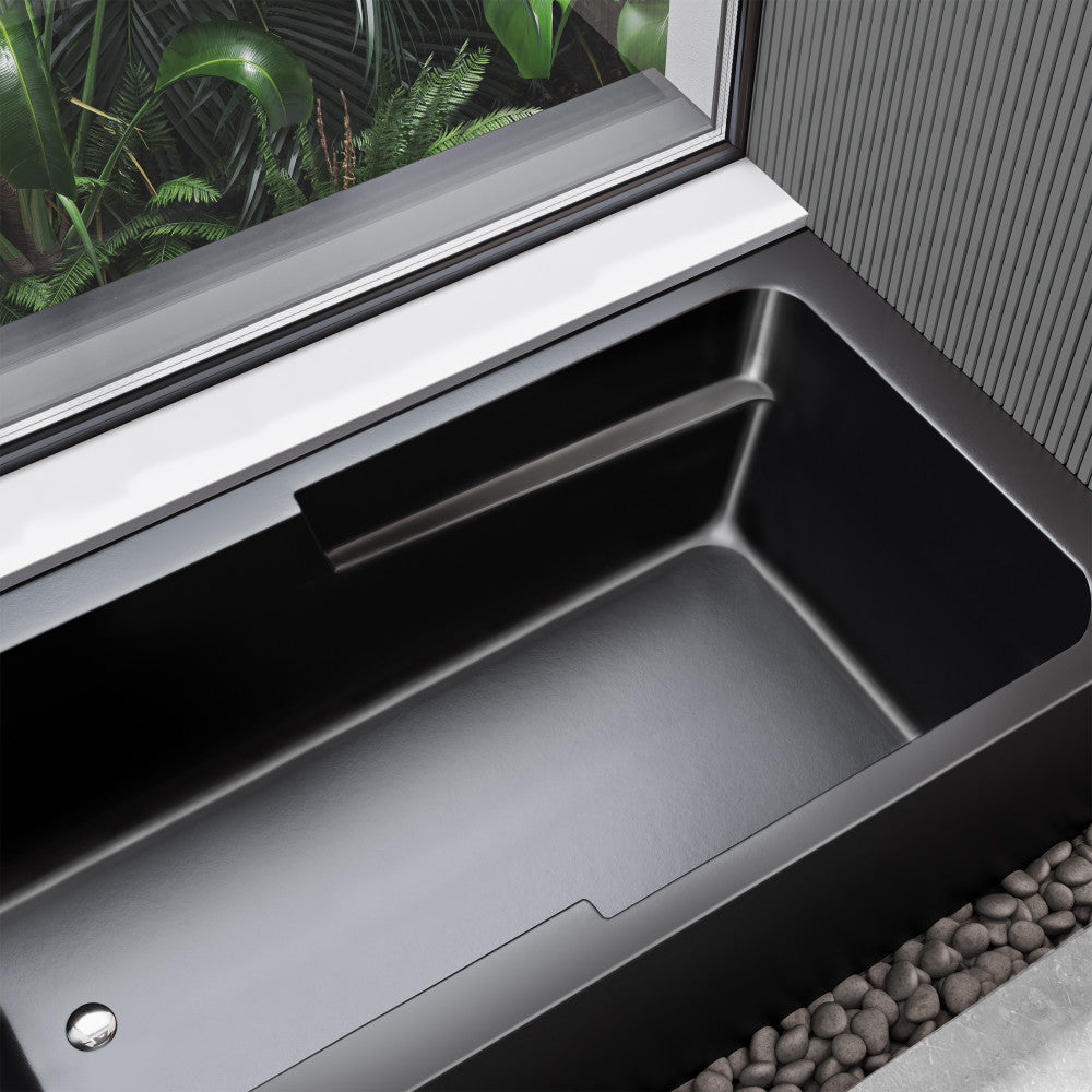 Alcove apron front bathtub 60 inch in matte black with left-hand drain.